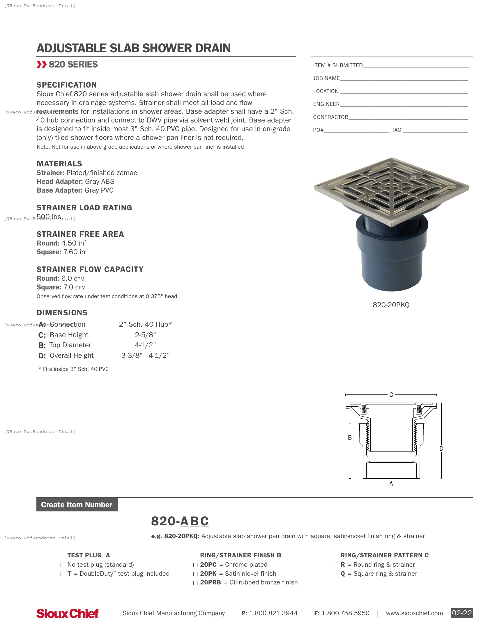 820 SERIES - SLAB SHOWER DRAIN WITH CAST RING & STRAINER - SPEC SHEET.PDF Specification Document